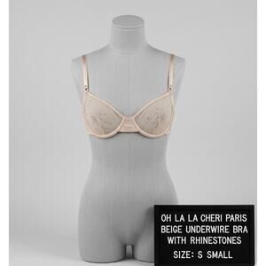 Oh La La Cheri Paris Bra Small Beige Sheer Mesh Rhinestone Gem Underwire